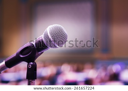 Close up old microphone in conference room Royalty-Free Stock Photo #261657224