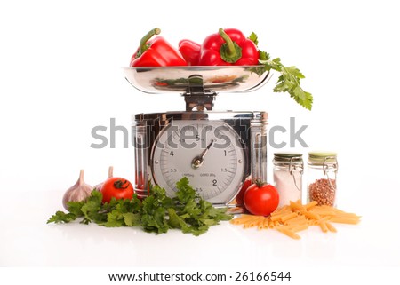 Fresh vegetables with kitchen scales - still life Royalty-Free Stock Photo #26166544