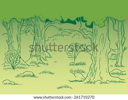 The illustration shows the abstract green forest landscape. Illustration made in the style wallpaper.