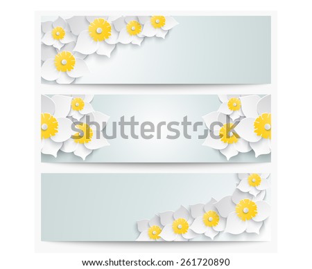 A set of banners with 3d white daffodils. Spring floral paper  labels.