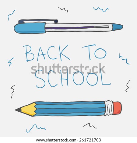 Back to school cartoon hand drawn card with a pen and a pencil