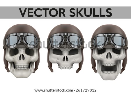Set of Human skulls with aviator or biker helmet. Vector Illustration on isolated background. 