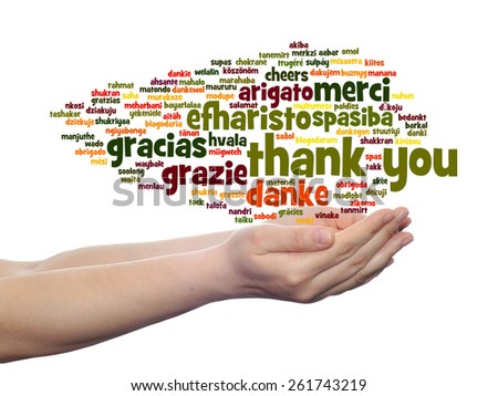 Concept or conceptual abstract thank you word cloud held in hands different language, multilingual as education or thanksgiving day, metaphor to appreciation, multicultural, friendship, tourism travel