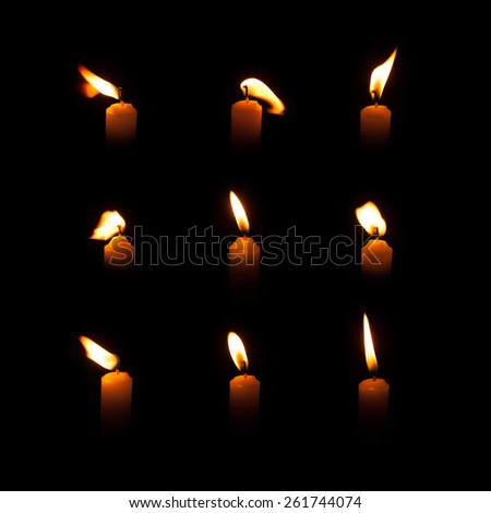 Candle flame set isolated over black background, collection of nine images