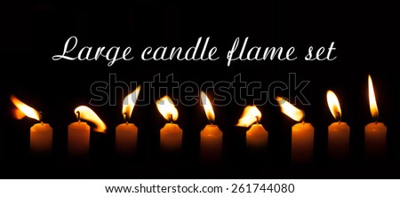 Candle flame set isolated over black background, collection of large images