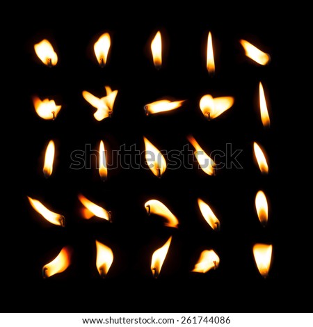 Candle flame set isolated over black background, collection of twenty five images