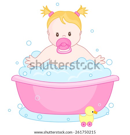 An illustration of a cute little baby girl having  bath isolated on white background. child bubble bath