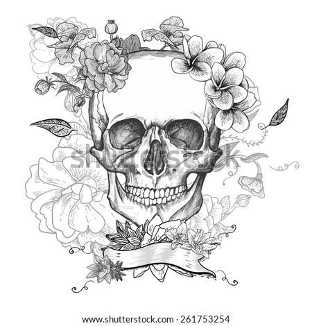 Skull and Flowers Day of The Dead, Vintage Vector illustration