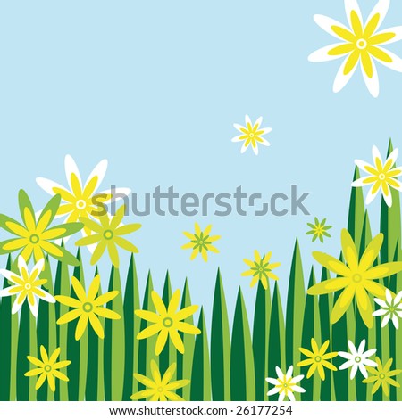 nice flower meadow in green white and yellow with blue sky