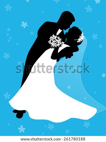 Silhouette of a dancing couple [bride and groom]with cute blue floral / flower background suit.