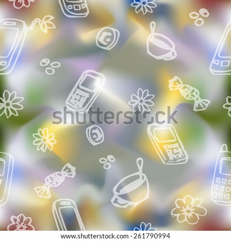 Mobile phones, sweets, cups and flowers on blur background. Seamless background pattern 
