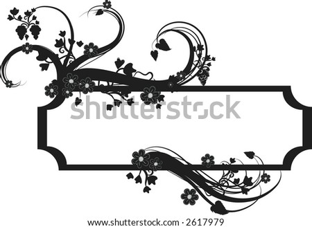 Illustration of grapes, flowers and ivy in a frame design element.