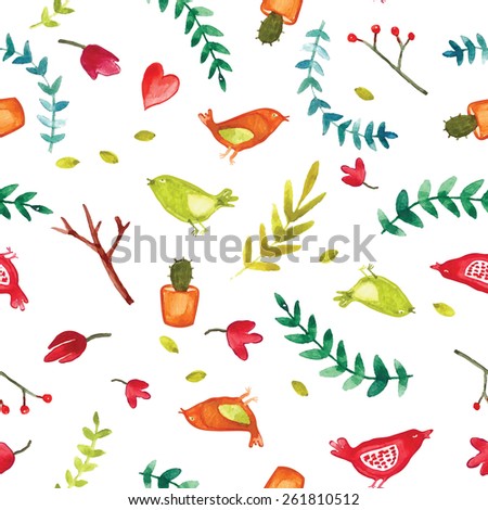 Watercolor summer pattern seamless in vector. Hand draw trees, leafs, birds over the city.