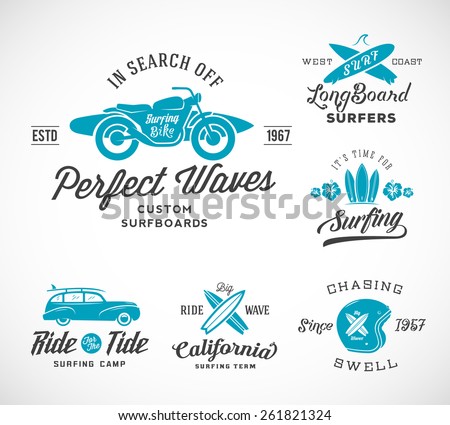 Vector Retro Style Surfing Labels, Logos or T-shirt Graphic Design Featuring Surfboards, Surf Woodie Car, Motorcycle Silhouette, Helmet and Flowers. Good for Posters etc.