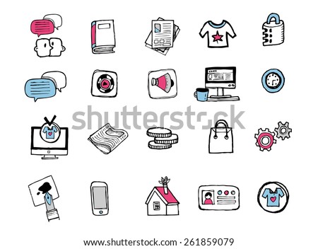 Hand drawn icons related to communication, business and media. 
