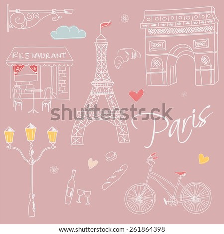 Paris symbols, postcard, hand drawn, vector illustration