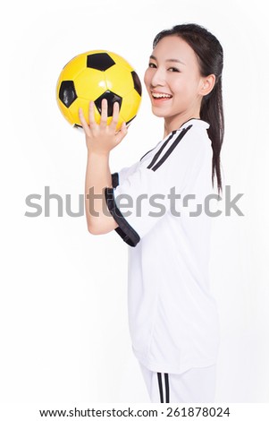 pretty black hair woman holding ball on white background