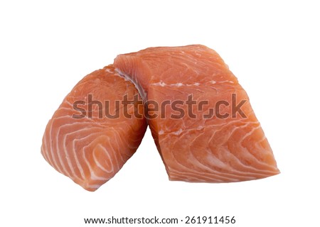 Two Raw Cut Salmon Pieces Isolated on White Background 