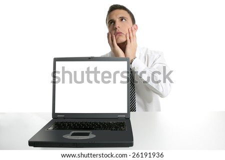 Businessman laptop, bad news, blank copy space screen