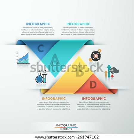 Modern infographic option template with 2 curved colorful paper triangle sheets on grey background. Vector. Can be used for web design and  workflow layout