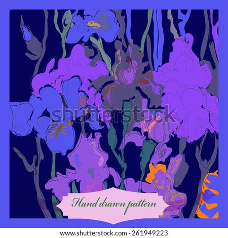 Card with decorative colored irises on a  rounded, label. Hand drawn. Sketch from life.