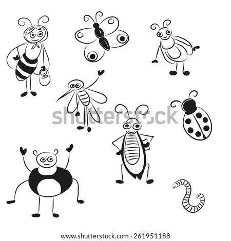 Vector cartoon black and white bugs