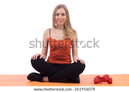 Pretty woman in meditation pose on white background.