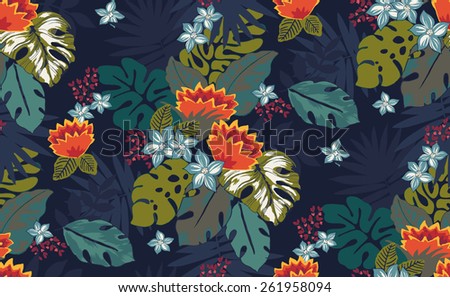 Hand drawn tropical flower, seamless pattern background.