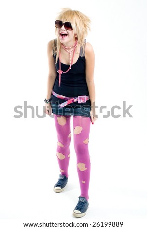 Screaming blonde emo girl in lacerated stockings at white background