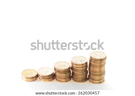 Group of stack of one dollar coins in ascending order from left to right over white background