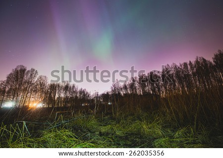 Beautiful landscape panoramic picture of northern lights aurora borealis natural phenomenon over the forest in the night