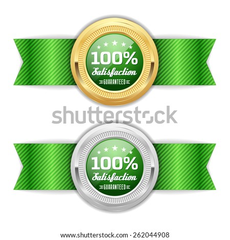 Gold and silver satisfaction badge with green ribbon