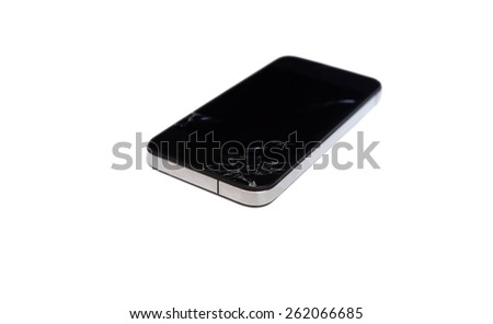 black mobile phone with a broken screen on an isolated background