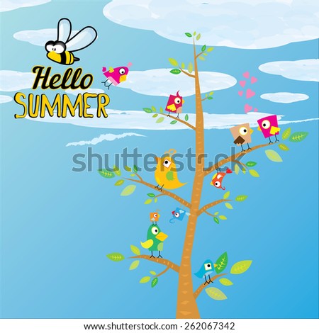 vector beautiful summer illustrations with birds singing on tree with green foliage . vector hello summer illustration. summer kids background