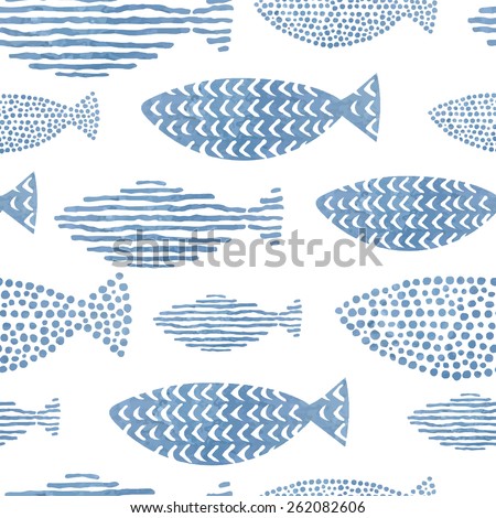 Light watercolor fishes. Seamlessly tiling fish pattern. Vector.
