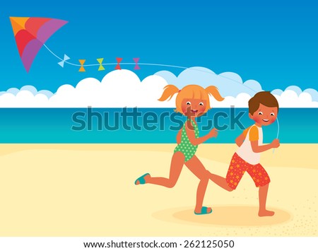 Stock cartoon illustration of kids running with kite on the beach/Children running with a kite on the beach/Children running with a kite on the beach/Stock cartoon illustration