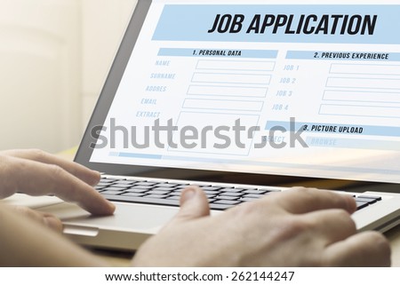 job search concept: man using a laptop with job application on the screen Royalty-Free Stock Photo #262144247