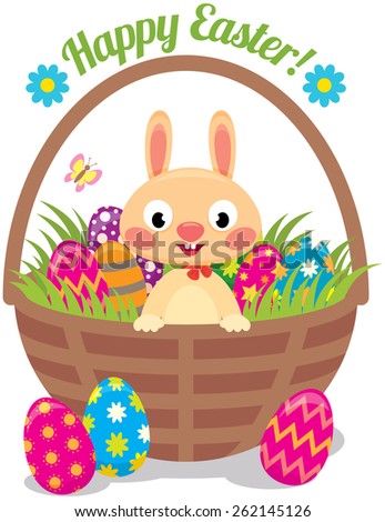 Stock cartoon illustration of Easter bunny in a basket with eggs/Easter bunny in a basket with eggs/Stock cartoon illustration