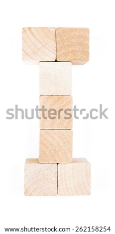Letters of the alphabet, composed of wooden toy blocks. The letter "I" isolated on a white background