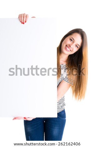 Young cute woman holding white panel.