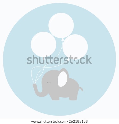 Little baby elephant with big balloons. Baby shower card. Isolated baby elephant on background. Flat style vector illustration. 