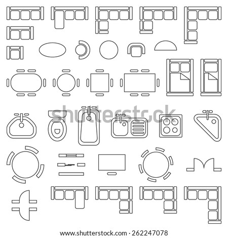 Standard furniture symbols used in architecture plans icons set, graphic design elements, outlined, isolated on white background, vector illustration. Royalty-Free Stock Photo #262247078