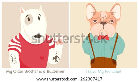 Cute Fashion Illustration of dressed up Bull Terrier and French Bulldog