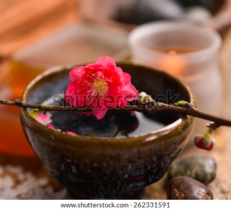Cherry flower with pile of salt ,soap ,candle,oil on old wooden board