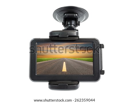 Gps, satellite navigation device, dashboard holder car mount isolated on white with clipping path. Portable gadget for navigator to search, display guidance, information, positioning and route on map.
