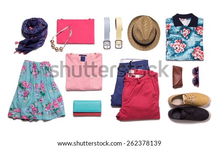 Collection summer clothes on a white background