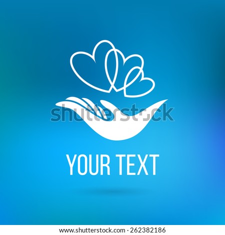 Vector logo with hand, heart, bird, open palm and elements. Design template and concept of love, family, friendship, charity, local community, help, awareness, society, care and sharing
