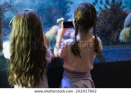 Cute girls looking at fish tank at the aquarium