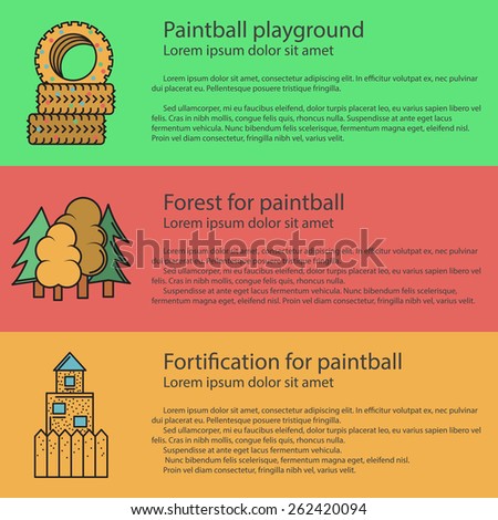 Design elements for paintball playground barricades on colored backgrounds with sample text for your business or website. Vector flat color illustration