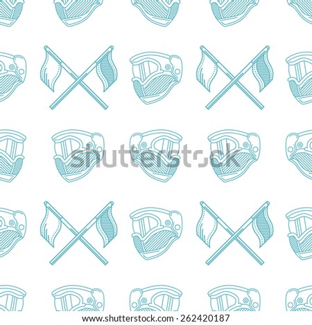 Seamless monochrome vector pattern with blue paintball helmets and teams flags on white background.